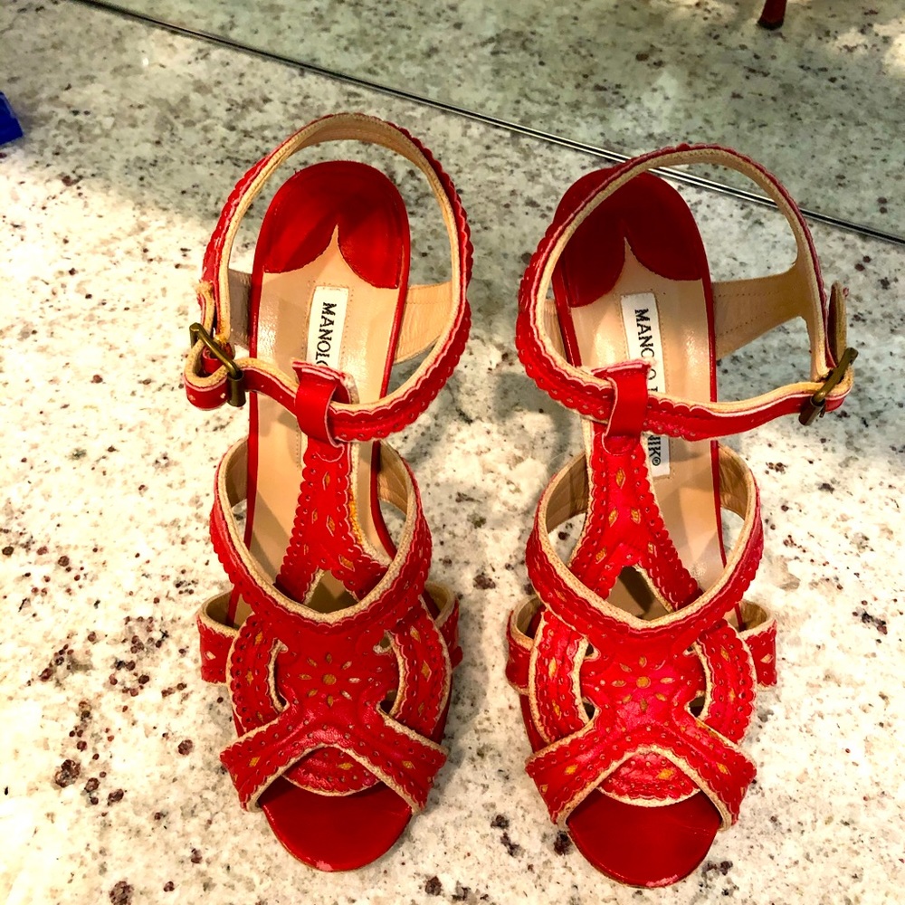 Gorgeous red leather Manolo Blahnik sandals sz 37